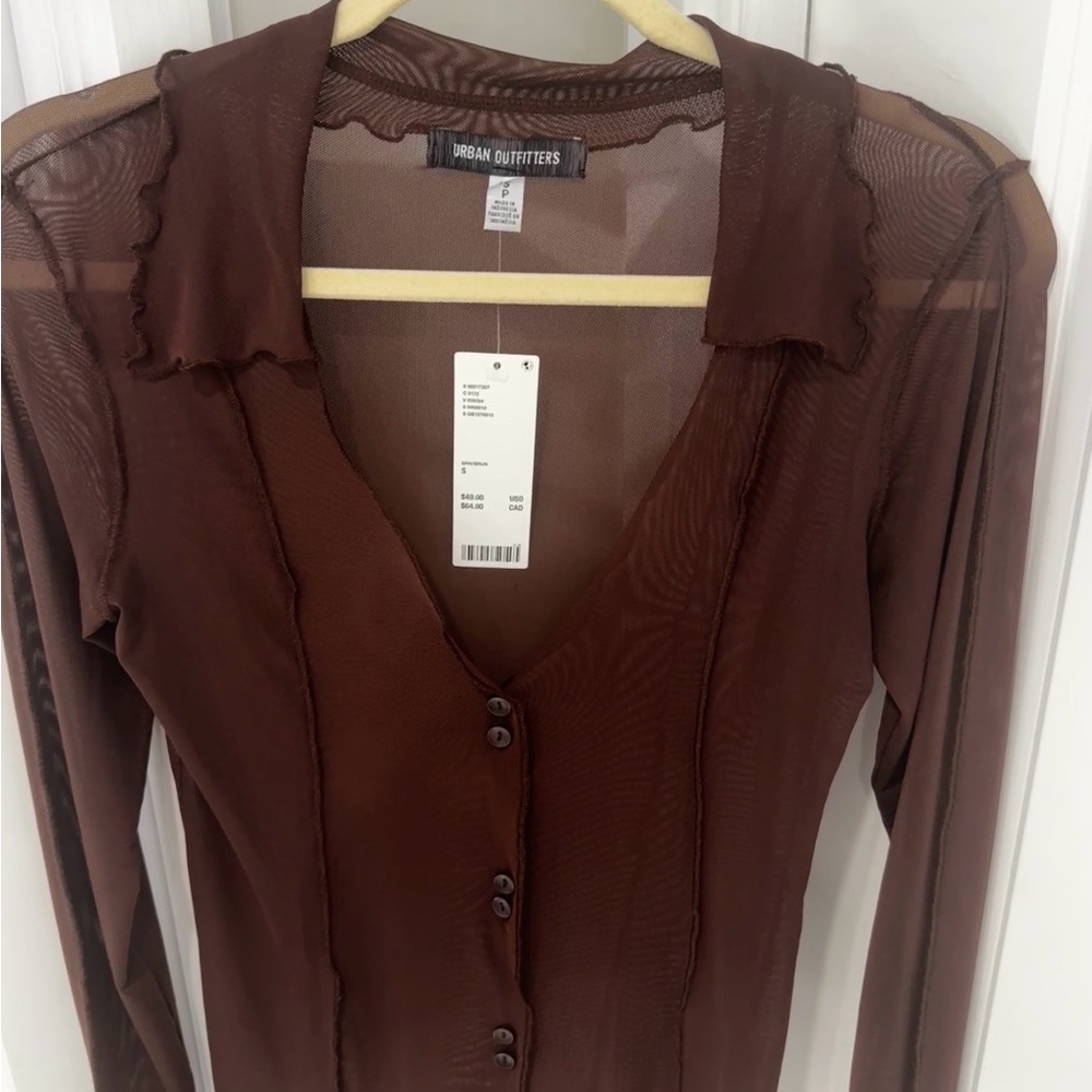 Urban Outfitters - Mesh Frilly Fairy Seamed Collared Top in Brown Size S